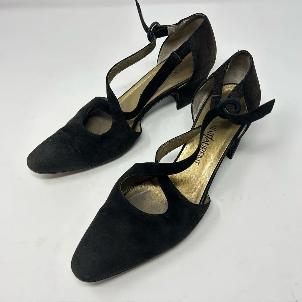 Yves Saint Laurent Suede Brown Strap‎ Pumps Size 7.5N Vintage Designer Shoes